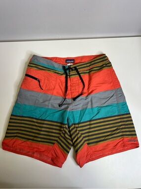 Patagonia Men’s Coral, Teal & Gray Striped Boardshorts - Size 33